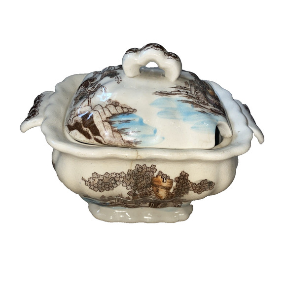 Vintage Transferware Brown Blue Castle Scene Sauce Gravy Tureen Staffordshire - Picture 1 of 13